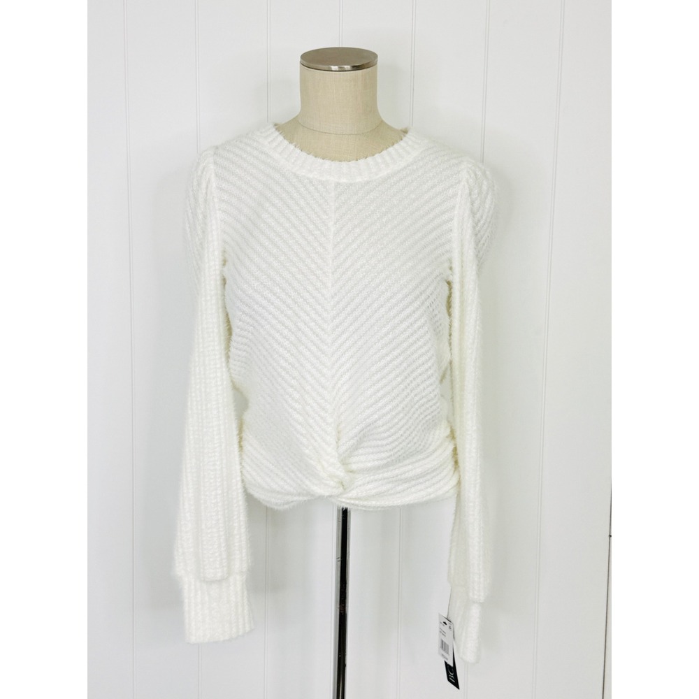 BCX Ivory Fuzzy Chevron Eyelash Knit Twist Front Sweater NWT Juniors M Puff